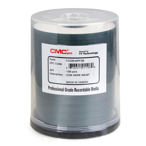 CMC CD-R 80 Min. 100/Spindle White Printable (T-CDR-WPY-SB) - Click Image to Close
