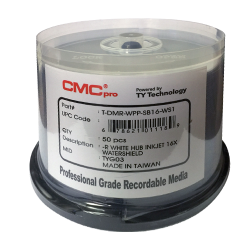 CMC DVD-R 4.7GB 50/SP IJ PR White Watershield (TDMRWPPSB16W) - Click Image to Close