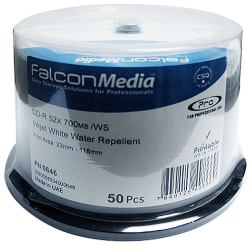 Falcon CD-R 700MB 50/SP Inkjet White Water Repellent (0646) - Click Image to Close