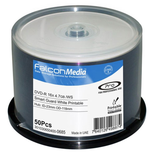 Falcon DVD-R 4.7GB, 16X, 50/Spin Smart Guard IJ PR White (0685) - Click Image to Close