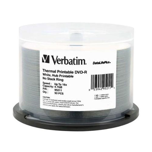 Verbatim DVD-R 4.7GB Thermal WH Hub Print, 16X, 50/SP (95211) - Click Image to Close