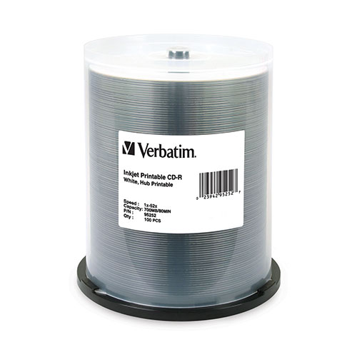 Verbatim CD-R 80 Min. 100/Spin White Hub Printable (95252) - Click Image to Close