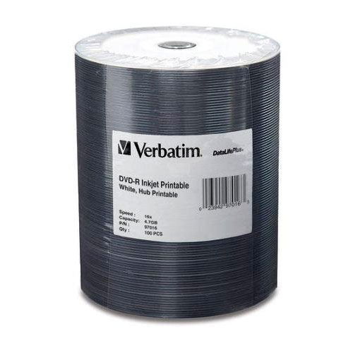 Verbatim DVD-R 4.7GB, 100/PK IJ Hub Printable White (97016) - Click Image to Close